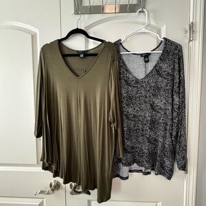 2 Joan Vass Tops - Olive Green Tunic & Black & White V-Neck Dolman Sleeve​